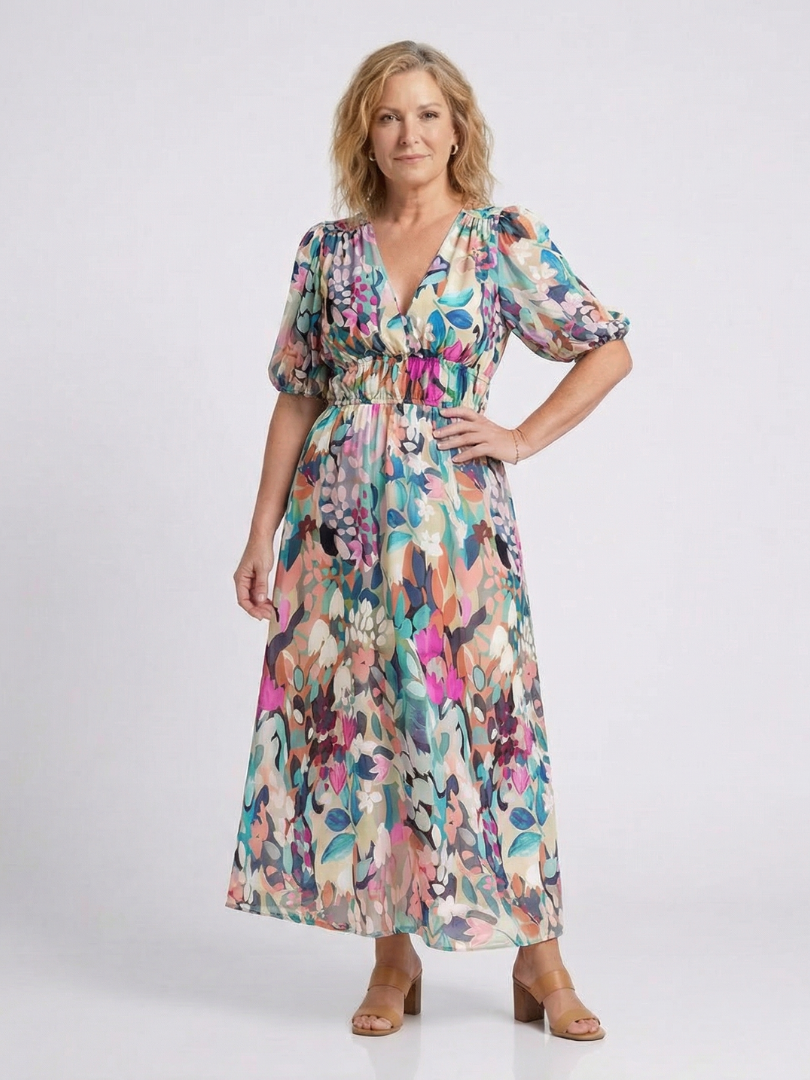 Eulalie | Midi Dress with V-Neckline and Short Sleeves