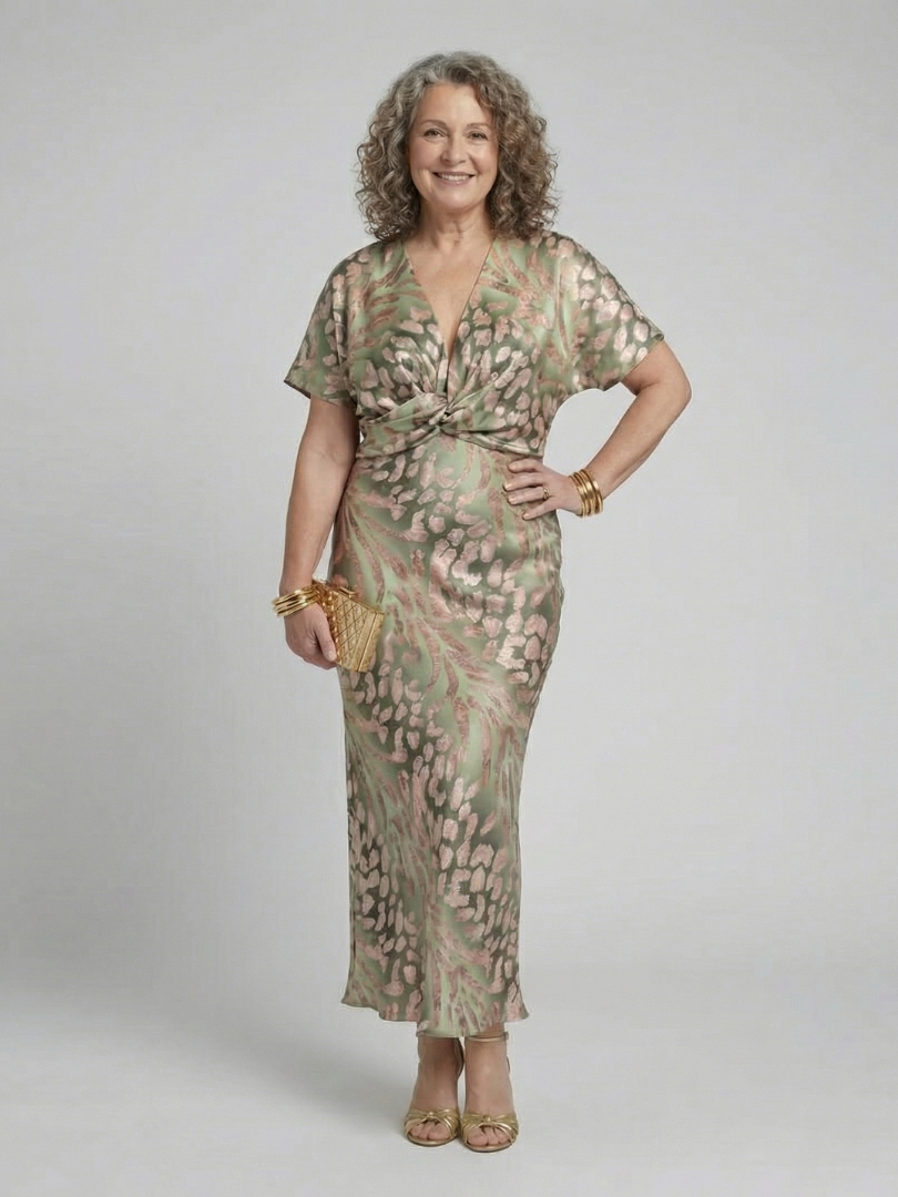 Coralie | Midi Dress with Abstract Print, V-Neckline and Twisted Waist