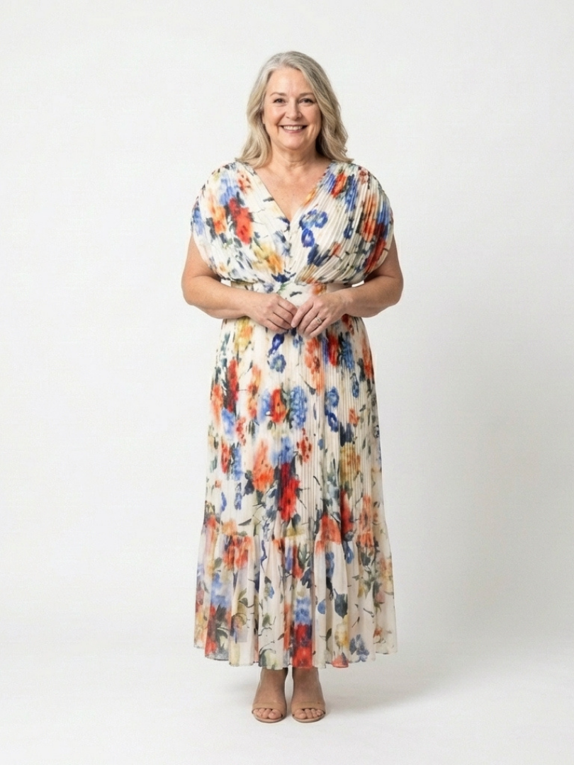 Savannah | Pleated Floral Midi Dress with Short Sleeves
