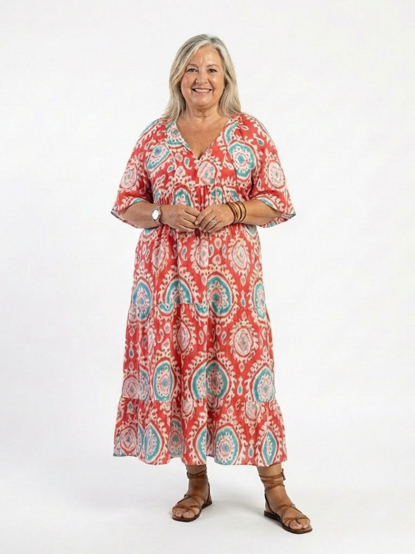 Zaria | Midi Dress with V-Neckline and Short Sleeves, Paisley Print