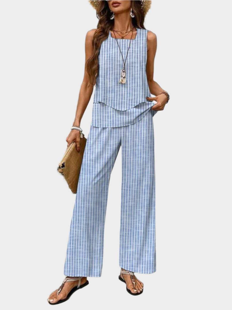 Set de vară cu pulover fără mâneci și pantaloni evazați cu imprimeu