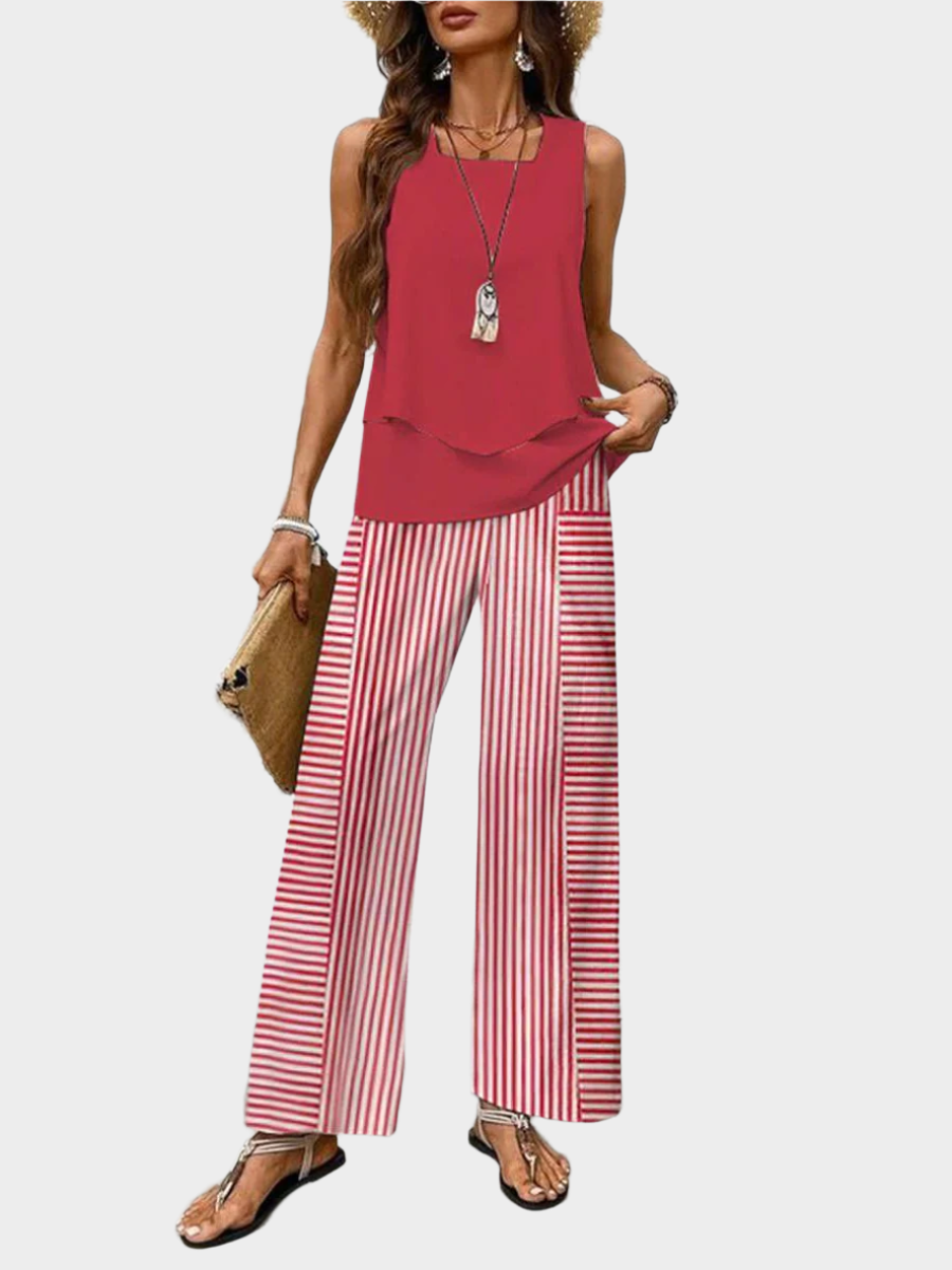Set de vară cu pulover fără mâneci și pantaloni evazați cu imprimeu