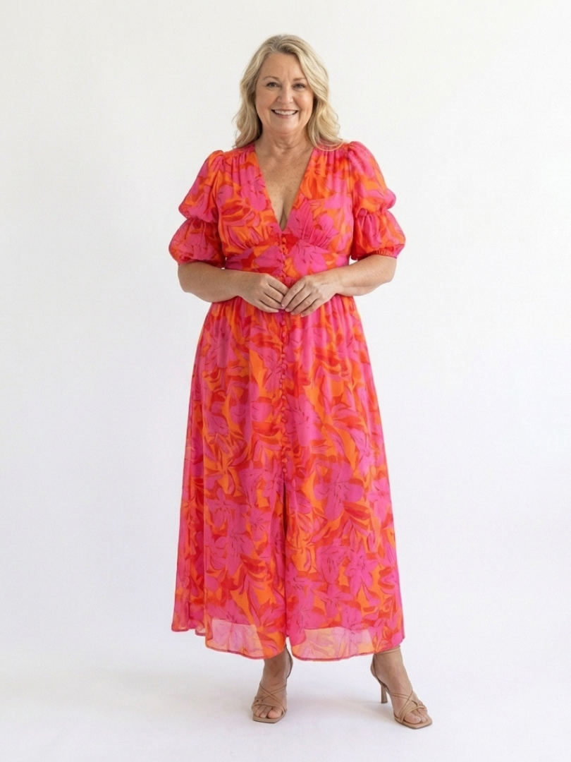 Willow | Floral V-Neck Puff Sleeve Midi Dress