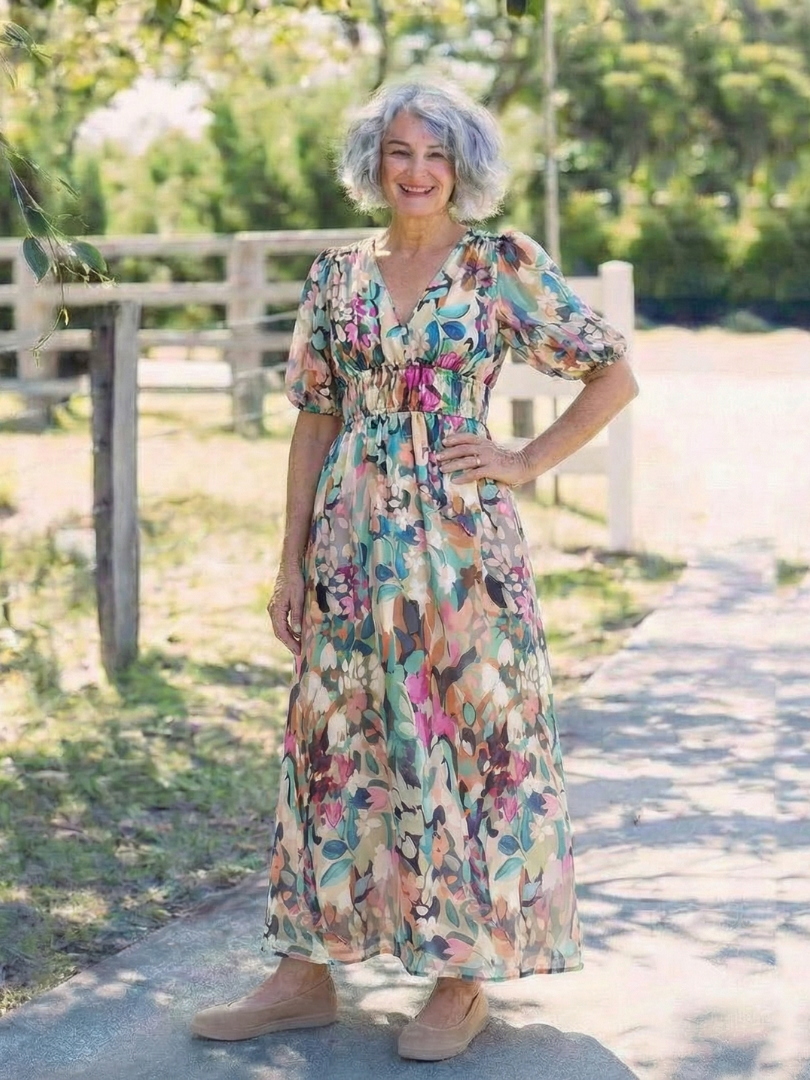 Eulalie | Midi Dress with V-Neckline and Short Sleeves