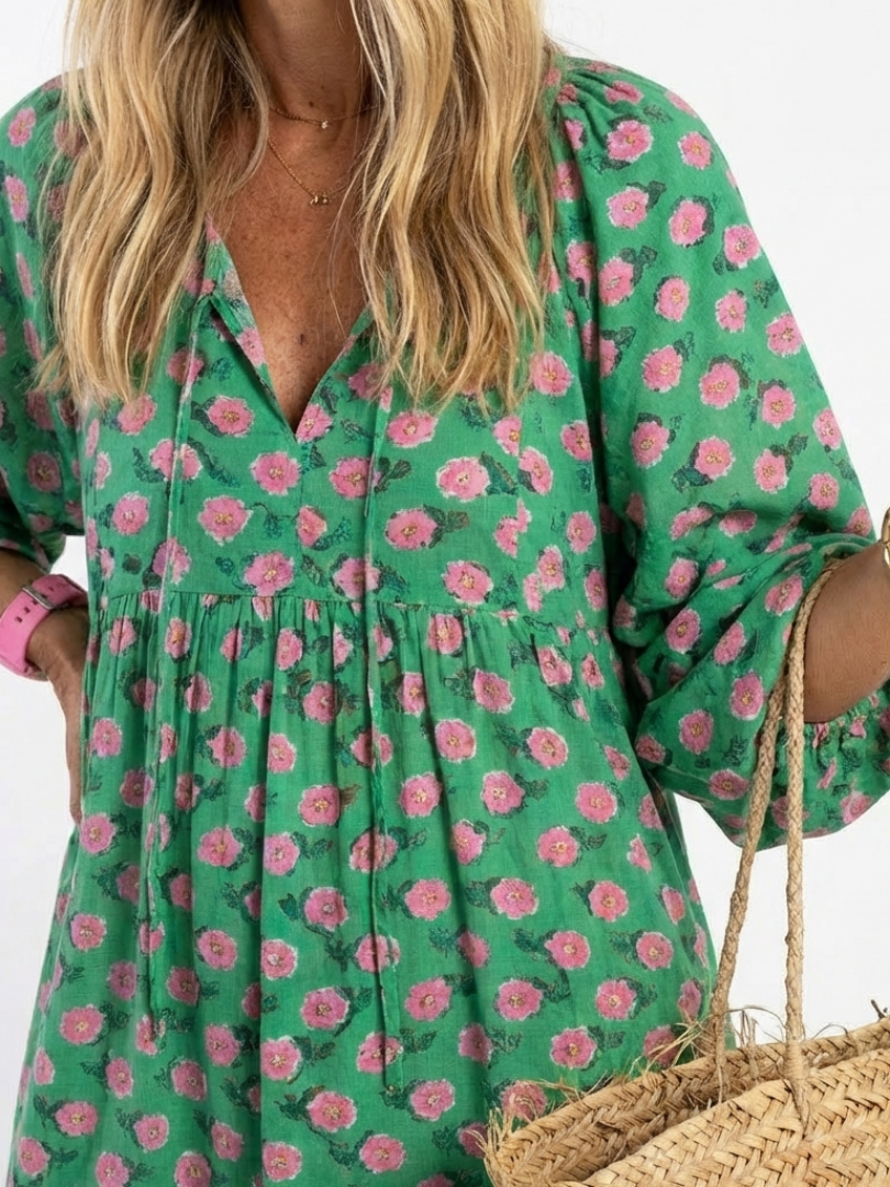 Fiora | Midi Dress with Floral Print and V-Neckline