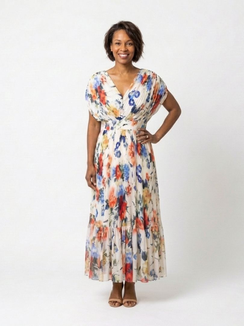 Savannah | Pleated Floral Midi Dress with Short Sleeves