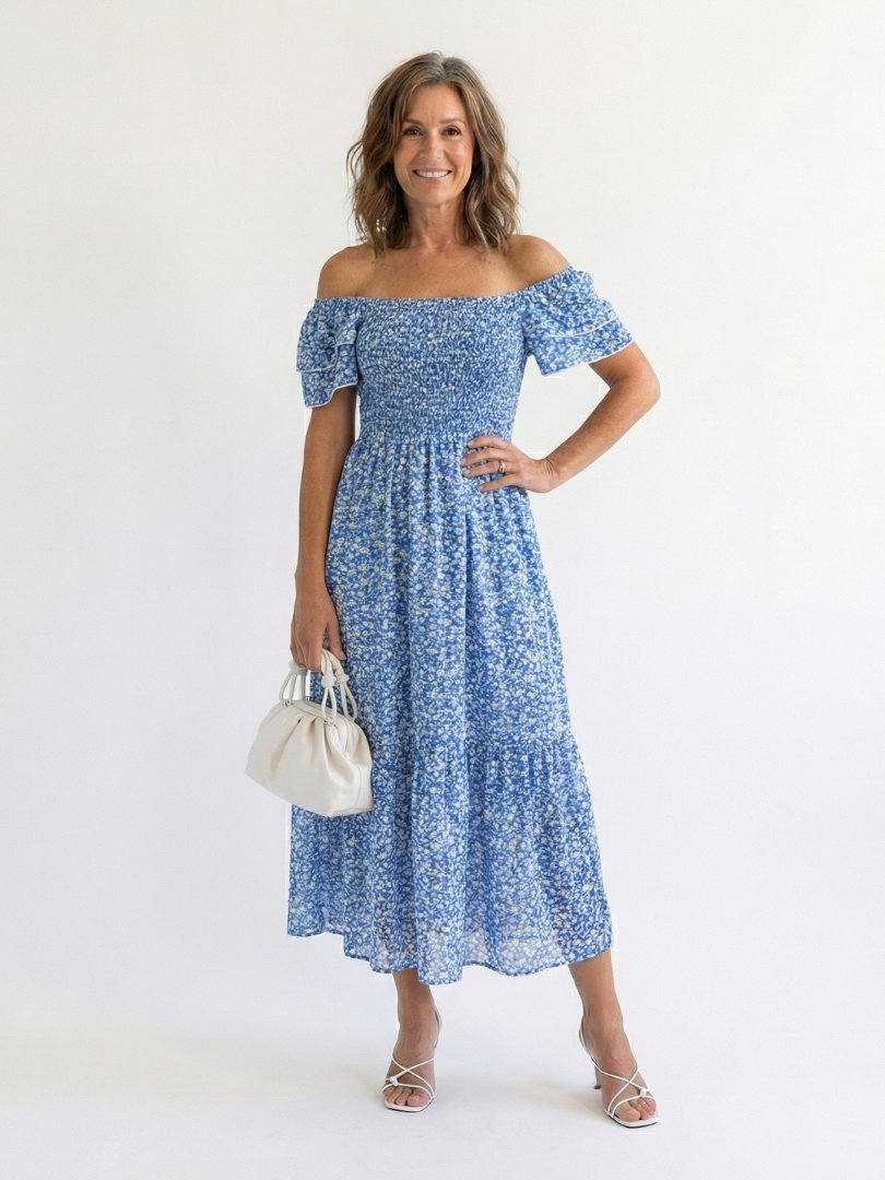 Odette | Floral Midi Dress with Cut-Out Shoulders