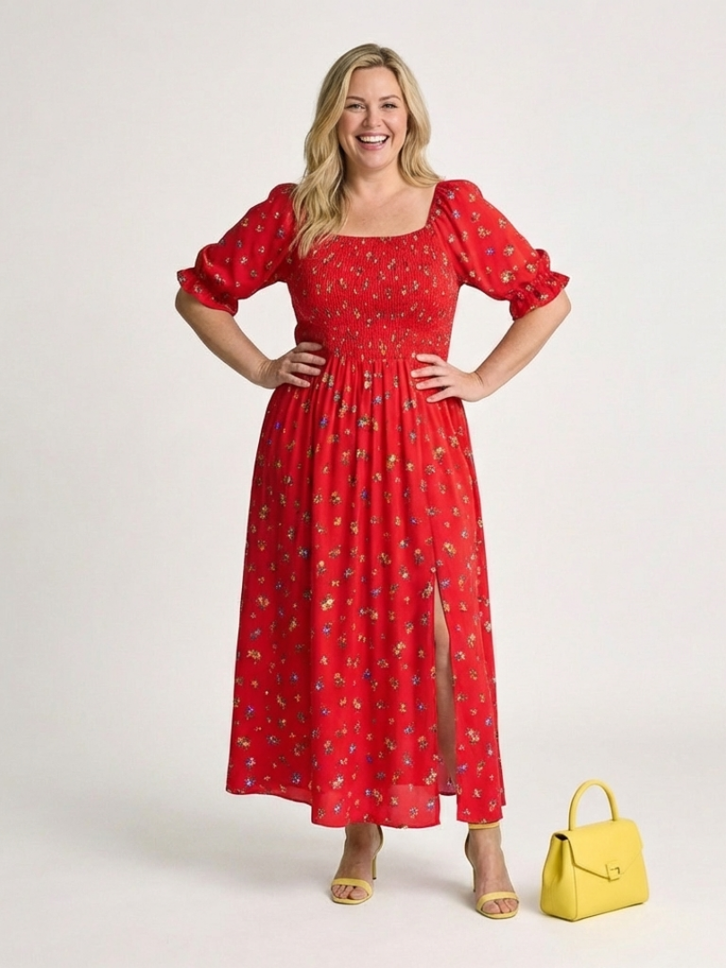 Delphine | Midi Dress with Square Neckline and Floral Puff Sleeves