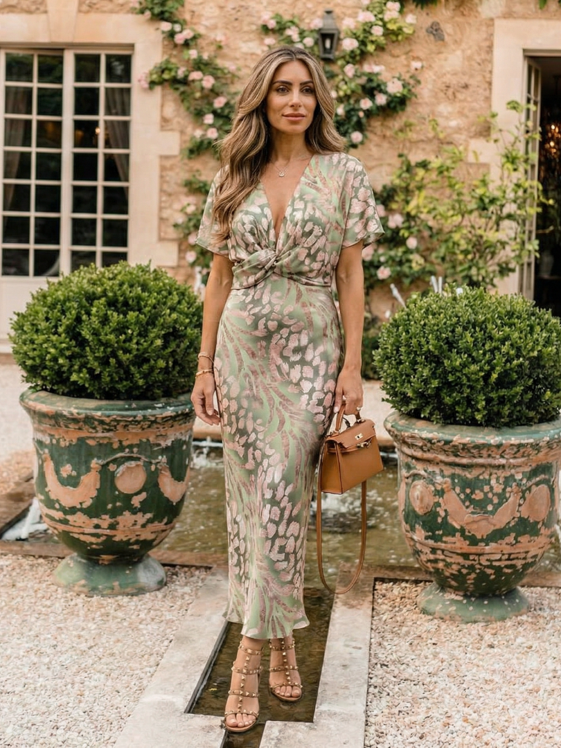Coralie | Midi Dress with Abstract Print, V-Neckline and Twisted Waist