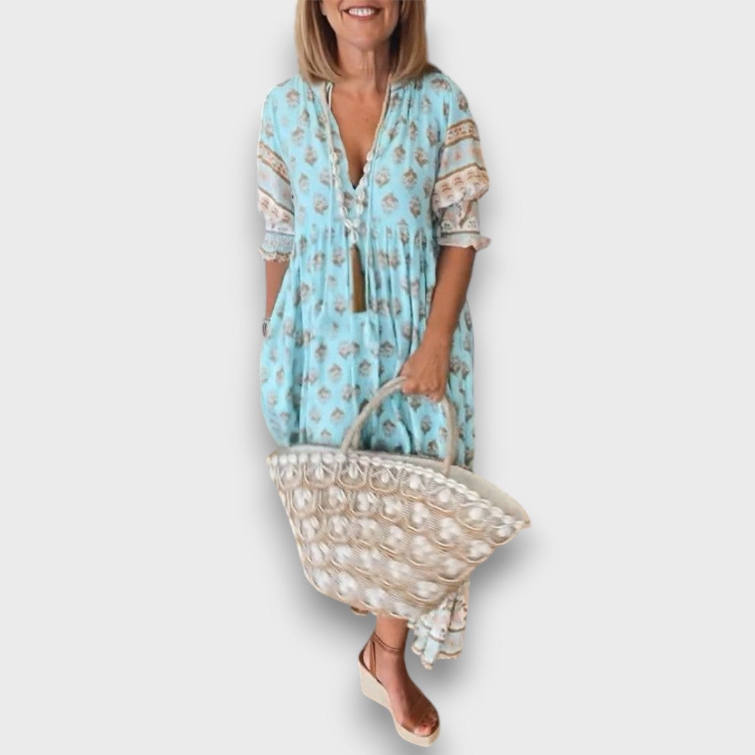 Boho Dress with 3/4 Sleeves and V-Neck with Decorative Ties