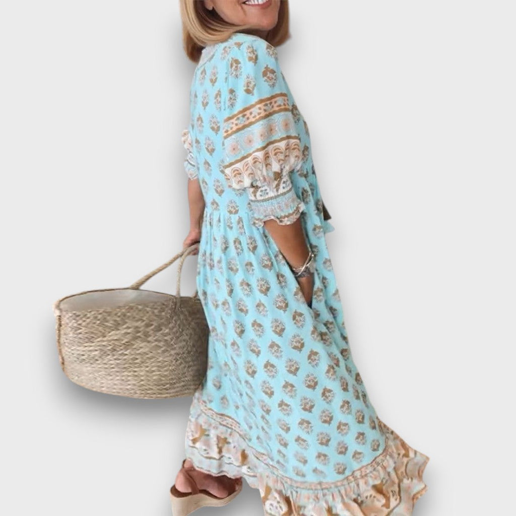 Boho Dress with 3/4 Sleeves and V-Neck with Decorative Ties
