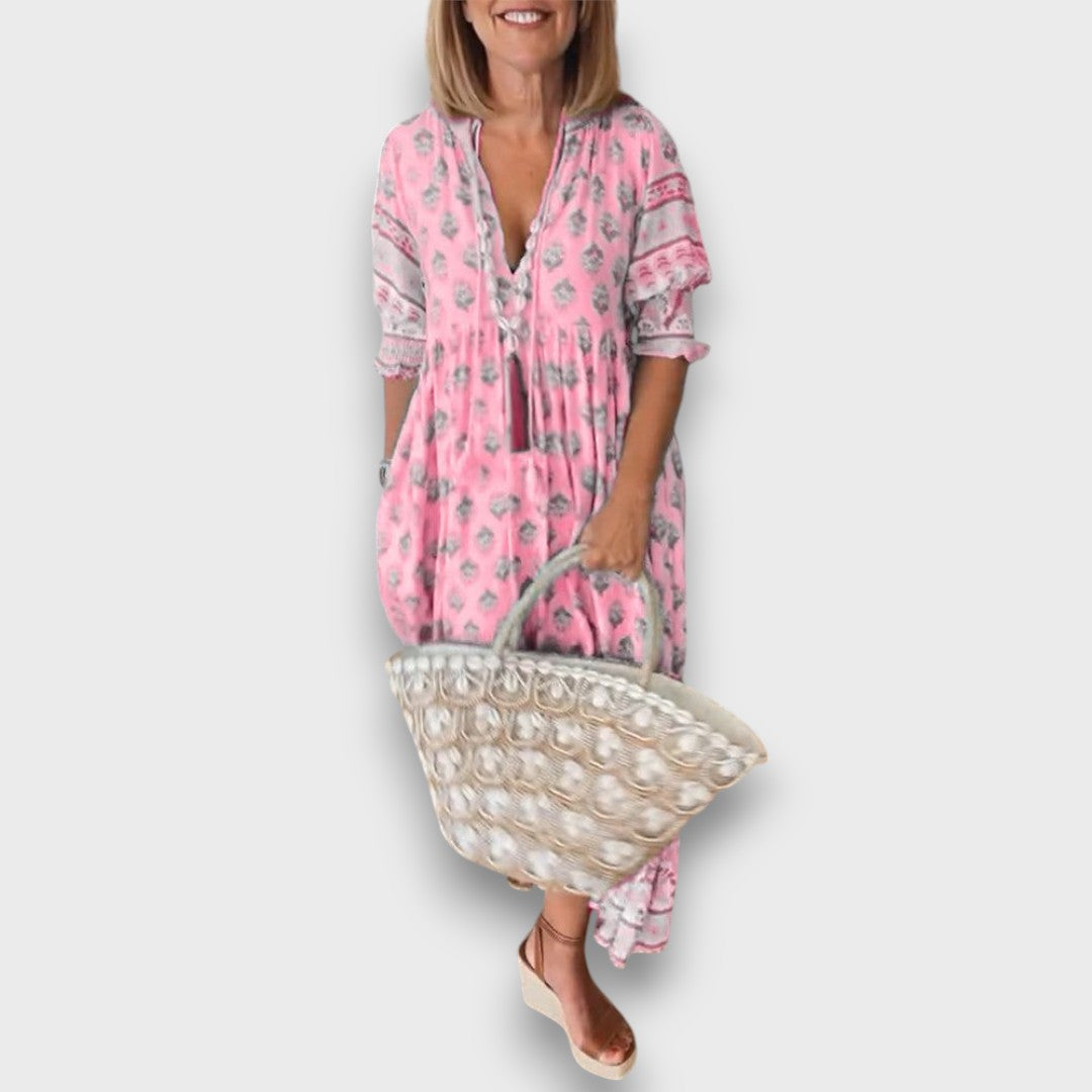 Rochie Boho cu Mâneci 3/4 și Decolteu în V cu Șnururi Decorative