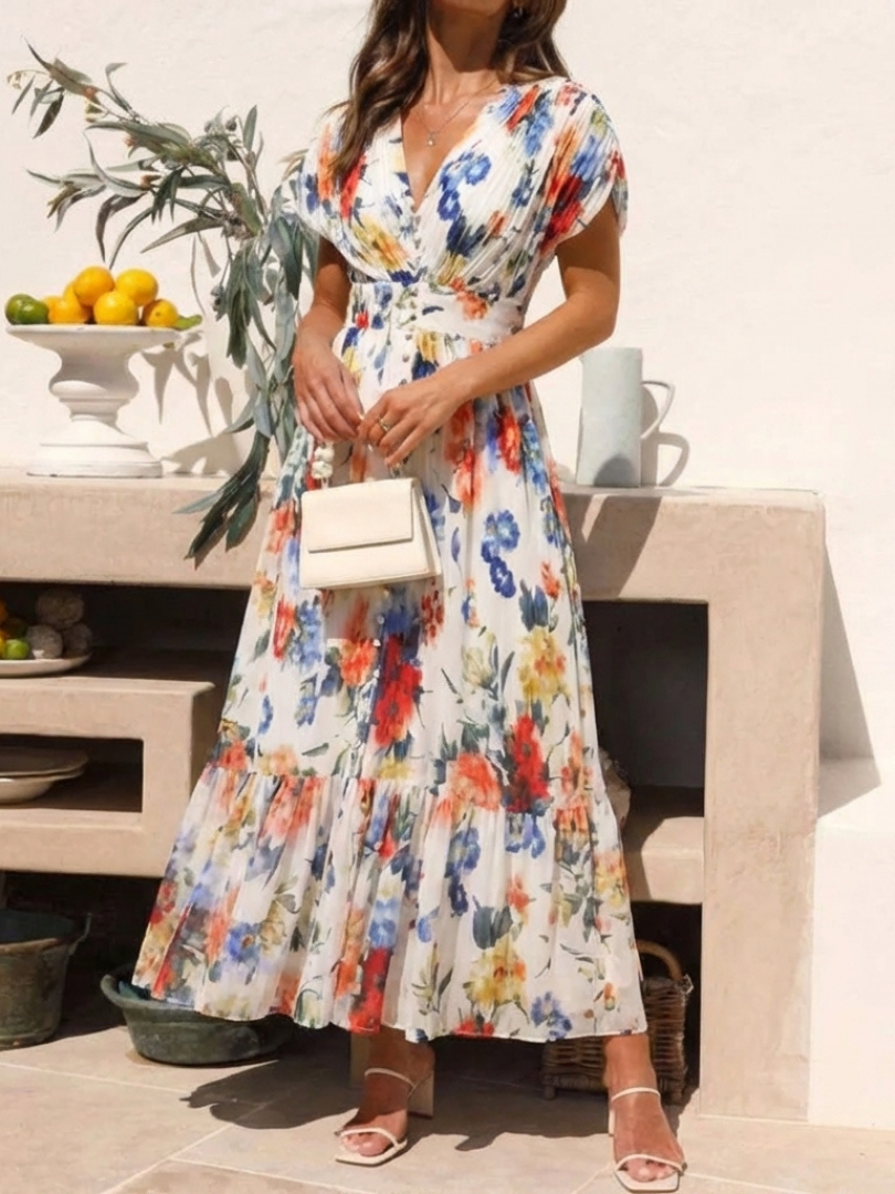 Savannah | Pleated Floral Midi Dress with Short Sleeves