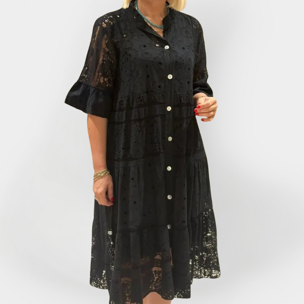 Dress with Lace, Sleeves, and Front Buttons