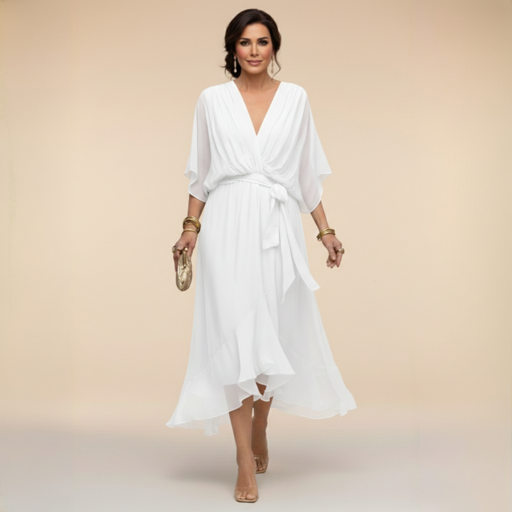 Celeste - Rochie Midi tip Sal cu Mâneci Kimono Fluide