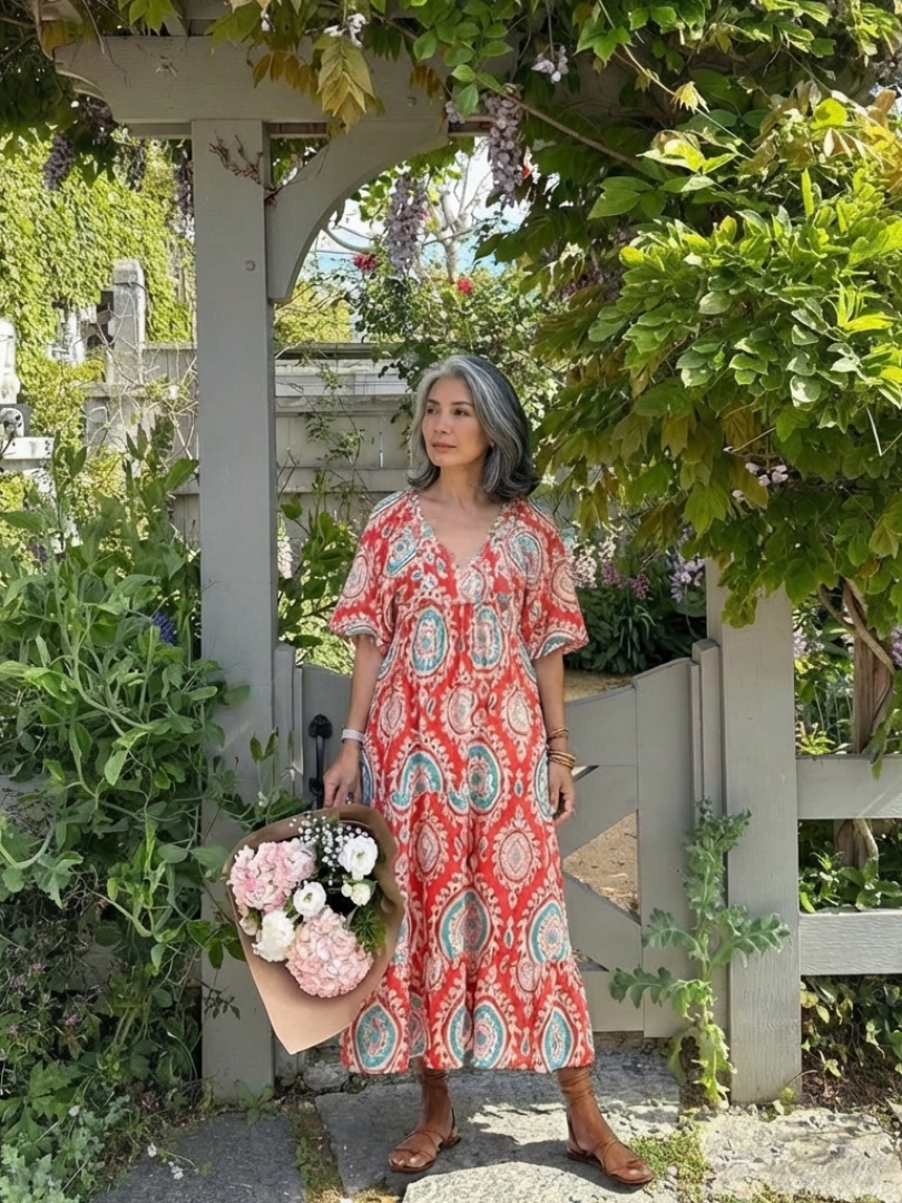 Zaria | Midi Dress with V-Neckline and Short Sleeves, Paisley Print