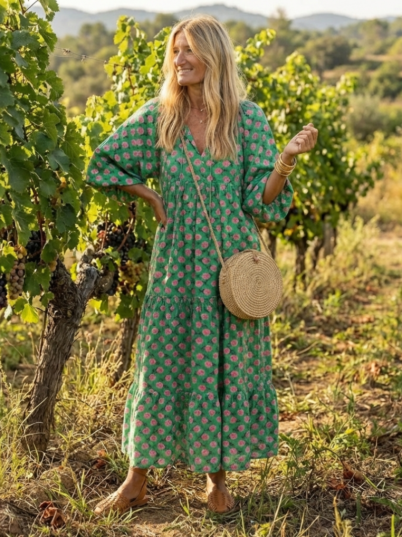 Fiora | Midi Dress with Floral Print and V-Neckline