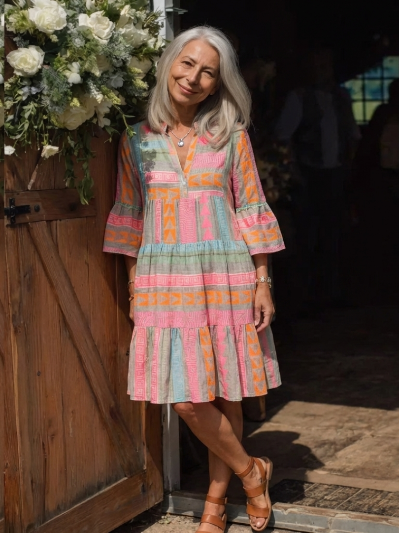 Maelle | Geometric print dress, V-neck, knee-length