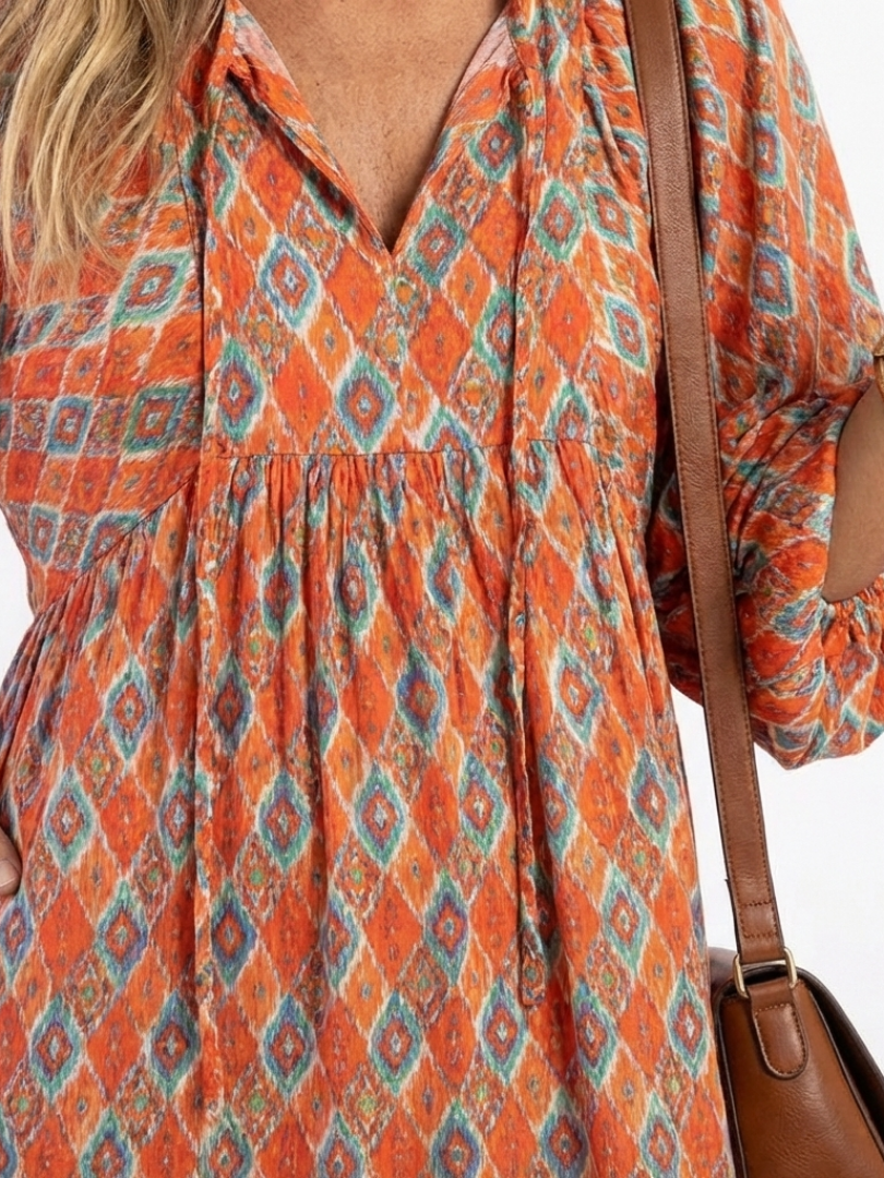 Amara | Geometric Print Midi Dress with V-Neck