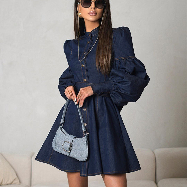Rochie din denim cu mâneci bufante și șiret