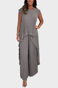 Jumpsuit with Pleated Top, Short Sleeves, and Irregular Midi Length, Pants with Wide Bottoms and Elastic Waist