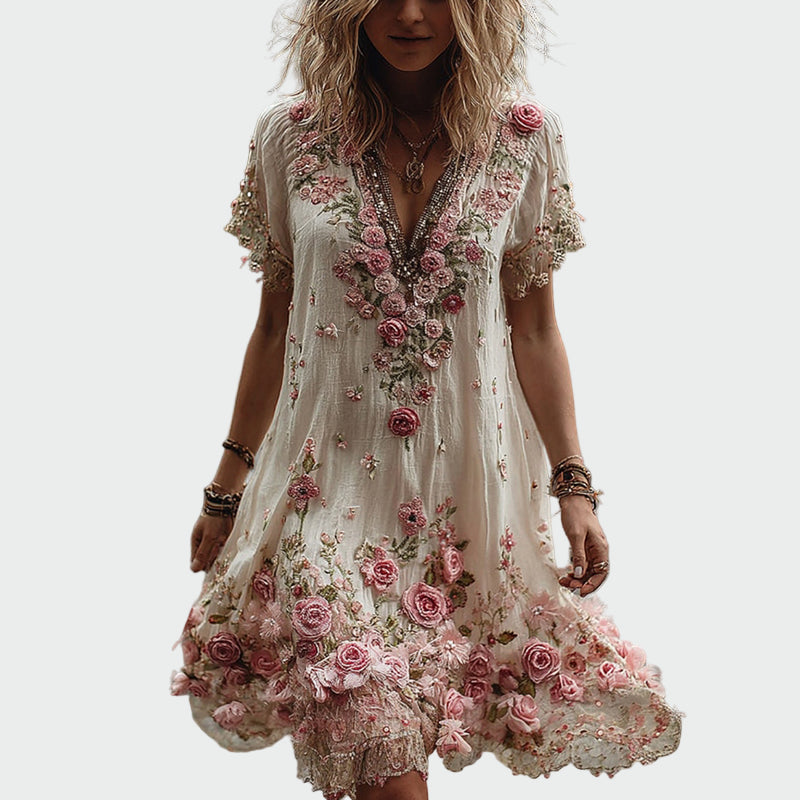 Vintage style dress with short sleeves and elegant floral embroidery