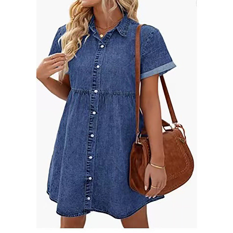 Rochie de blugi spălăciți cu volane și guler, stil european și american