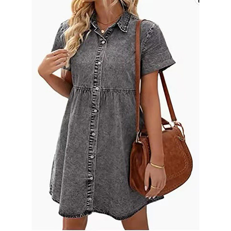 Rochie de blugi spălăciți cu volane și guler, stil european și american