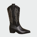 Isabella | Black Leather Cowboy Boots with Feather Details