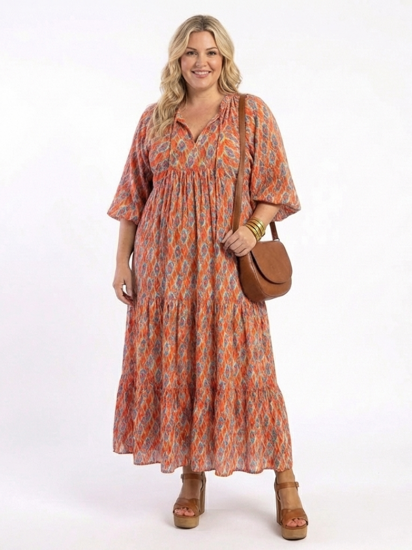 Amara | Geometric Print Midi Dress with V-Neck
