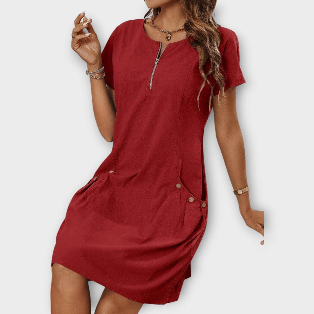 Mini Dress with Short Sleeves and Zippered Décolletage