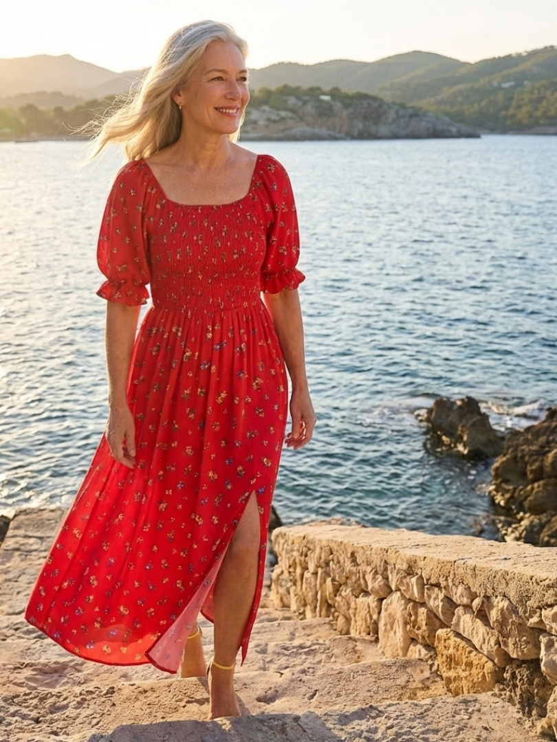 Delphine | Midi Dress with Square Neckline and Floral Puff Sleeves