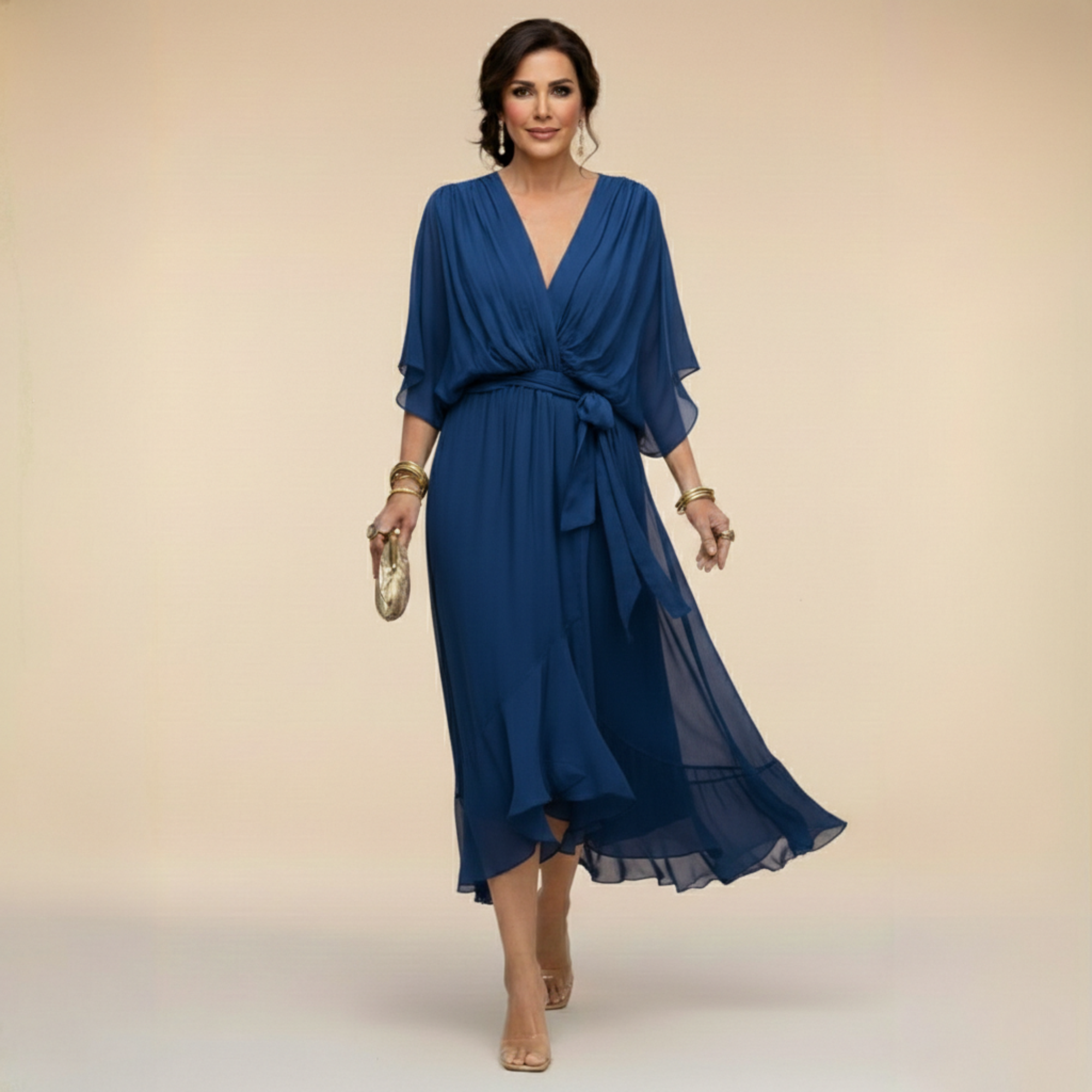 Celeste - Rochie Midi tip Sal cu Mâneci Kimono Fluide