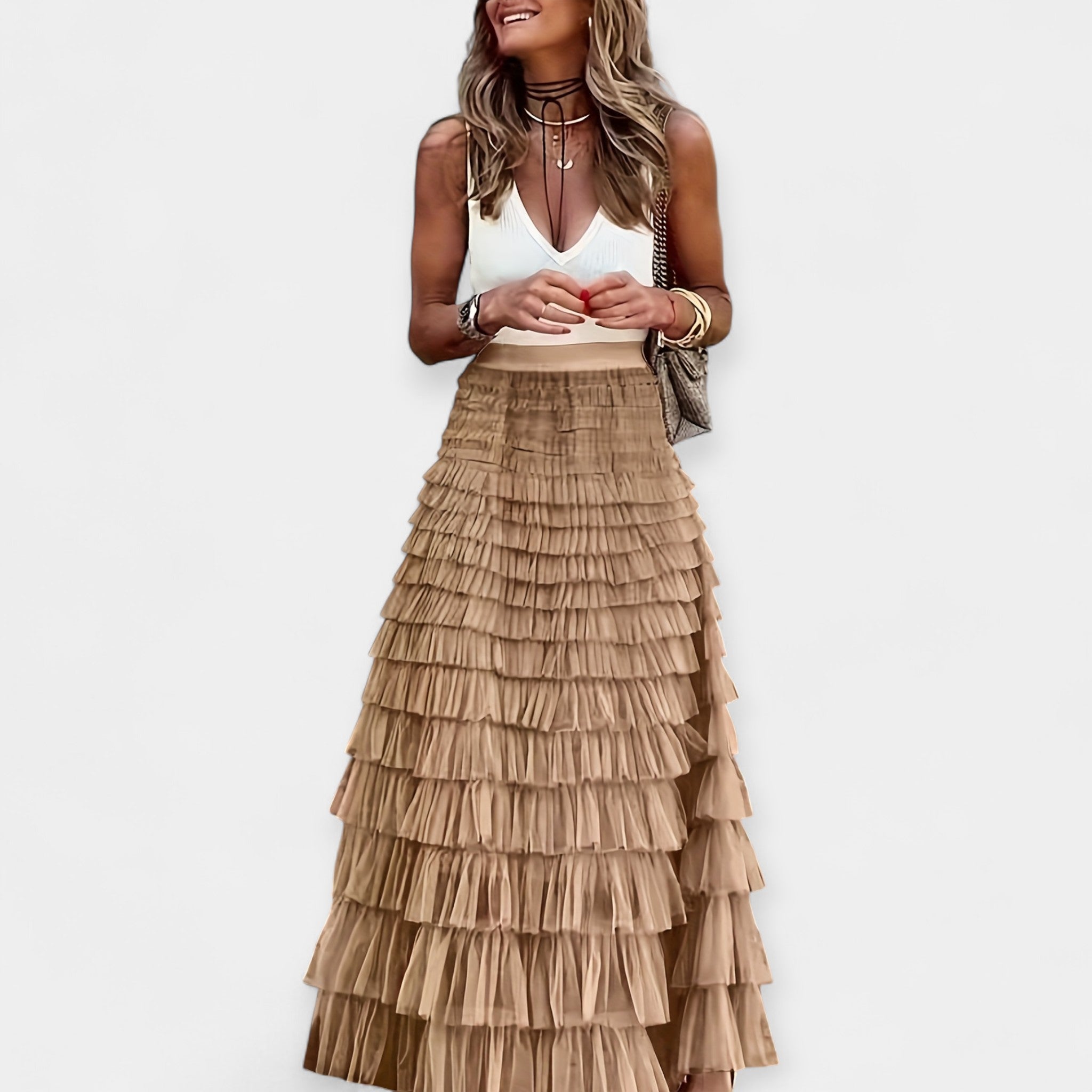 Fustă Boho cu Tăietură de Satin și Plasă