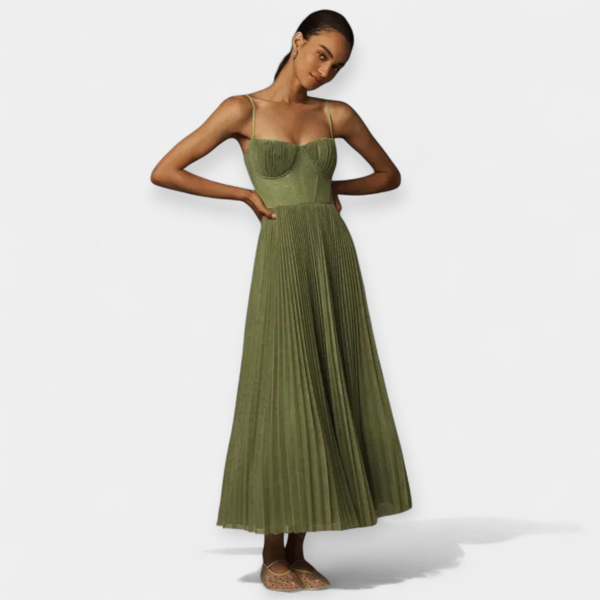 Midi Dress with Pleats and Tulle Accents