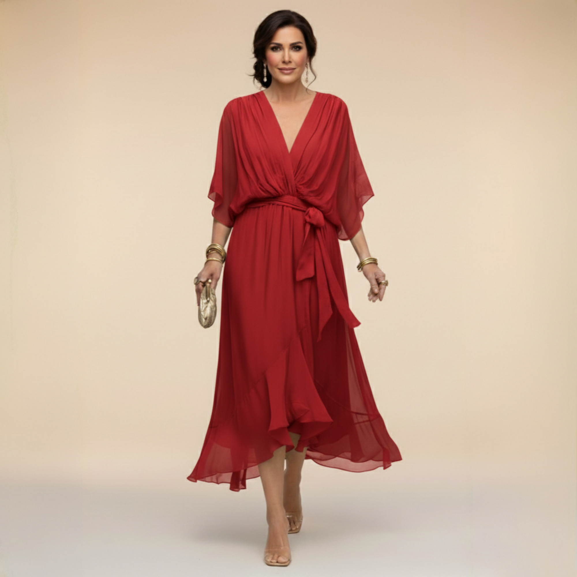 Celeste - Rochie Midi tip Sal cu Mâneci Kimono Fluide