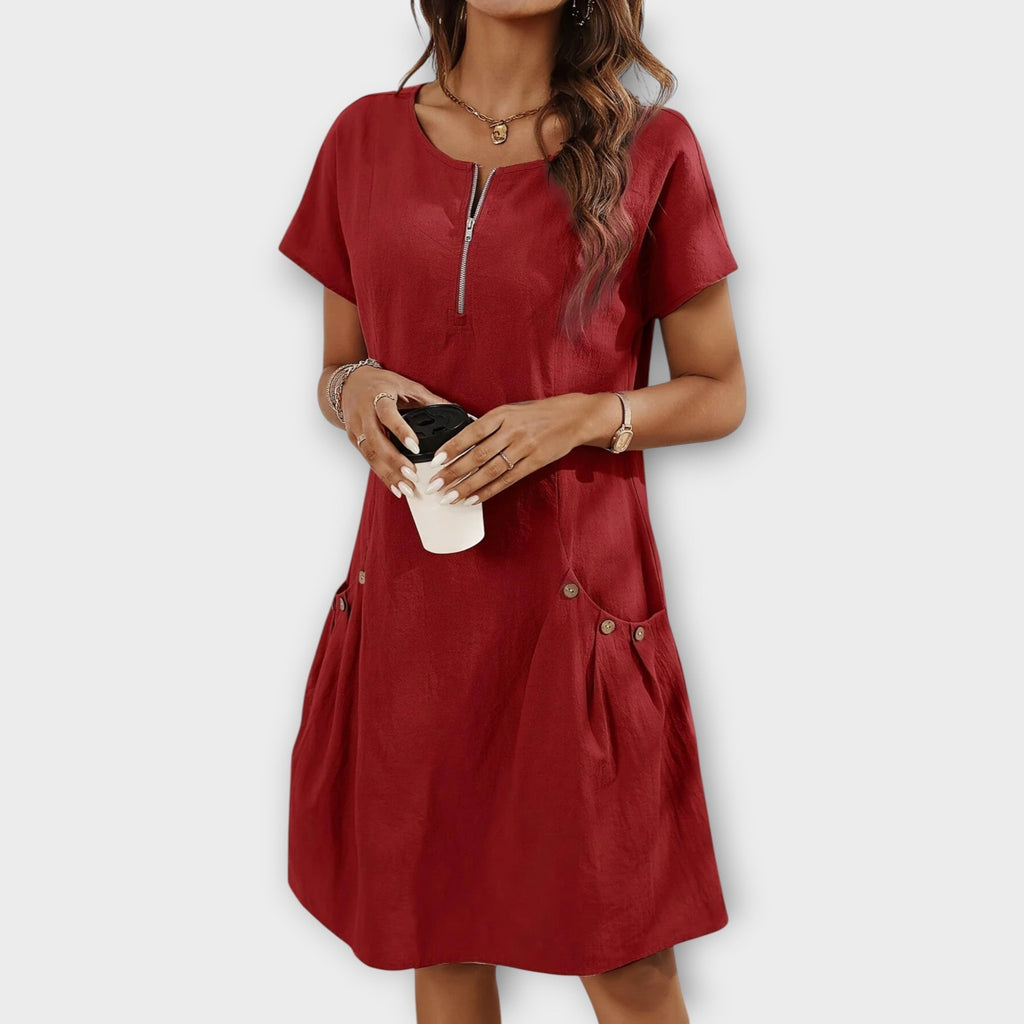 Mini Dress with Short Sleeves and Zippered Décolletage