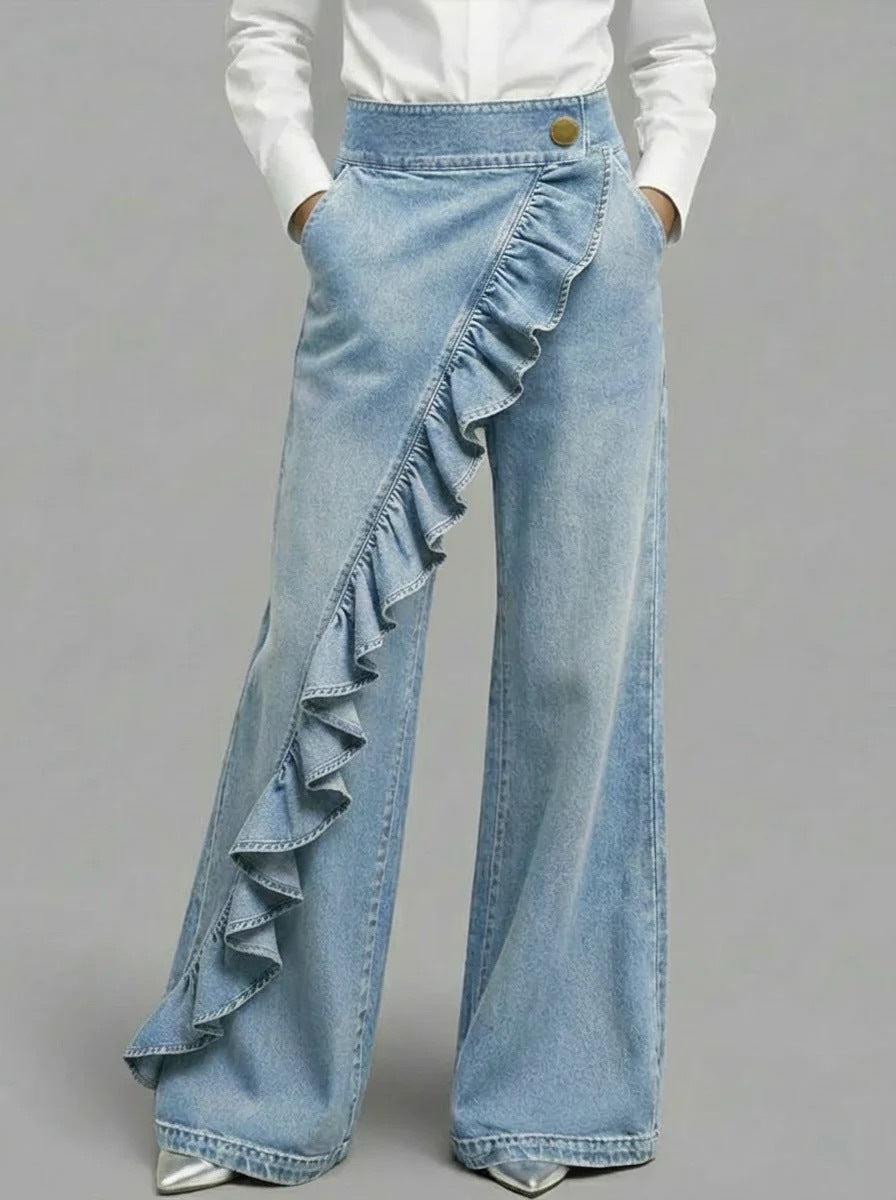 Pantaloni de blugi retro, cu talie înaltă, croială în A, neregulată