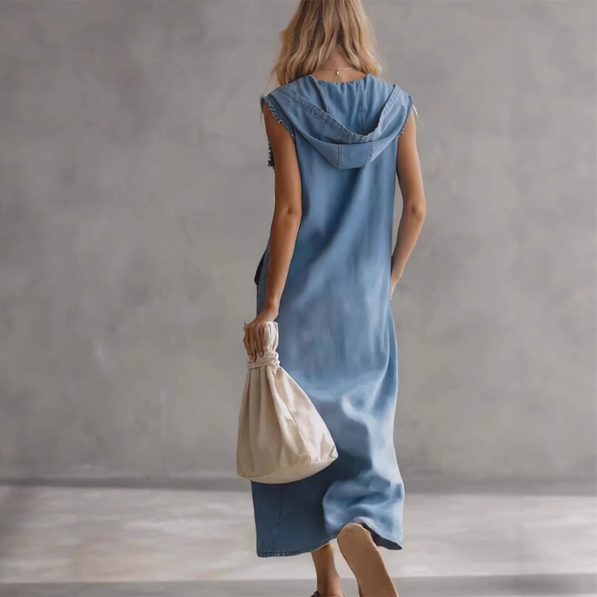 Hooded Denim Sleeveless Dress Womens