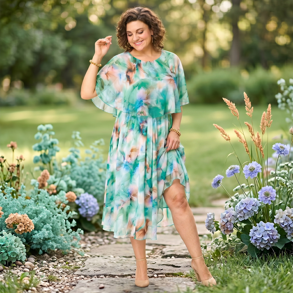 Maria | Floral Cape Overlay Midi Dress