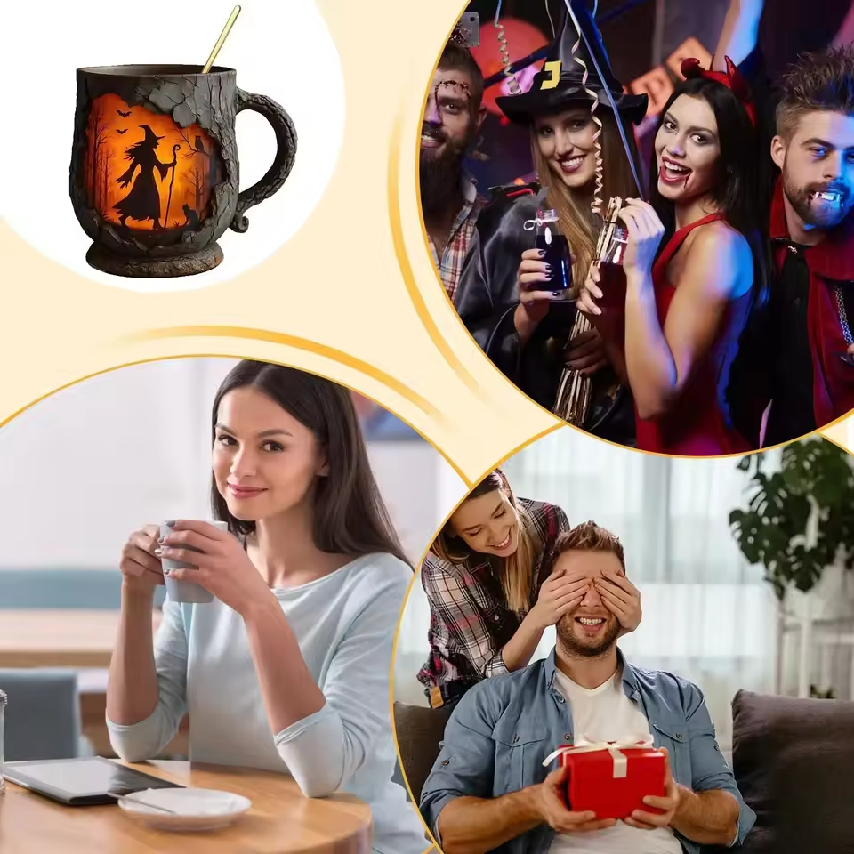 Cana de Halloween 3D artizanală cu vrăjitoare și pisică