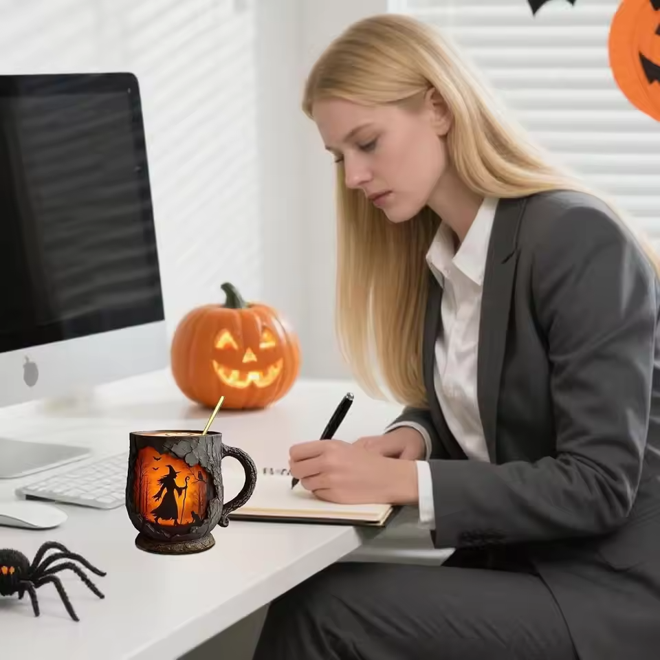 Cana de Halloween 3D artizanală cu vrăjitoare și pisică