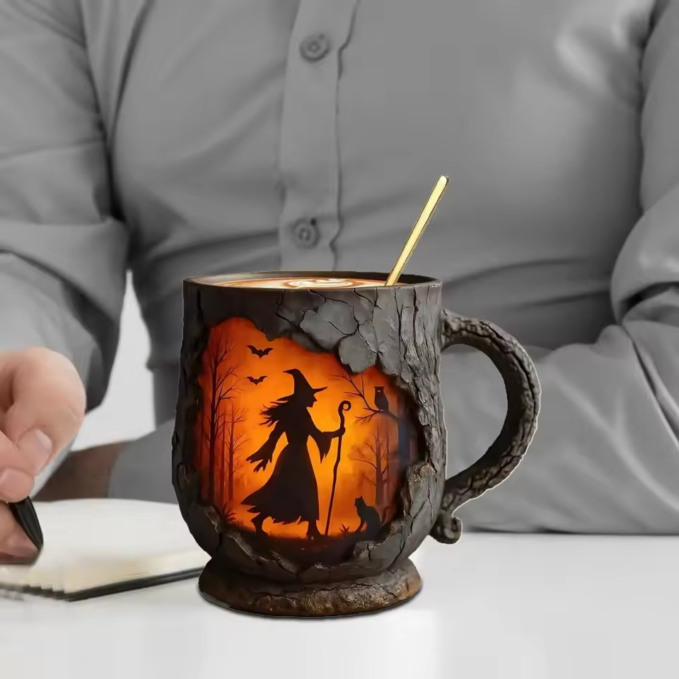Cana Artisan 3D de Halloween cu Vrăjitoare și Pisică