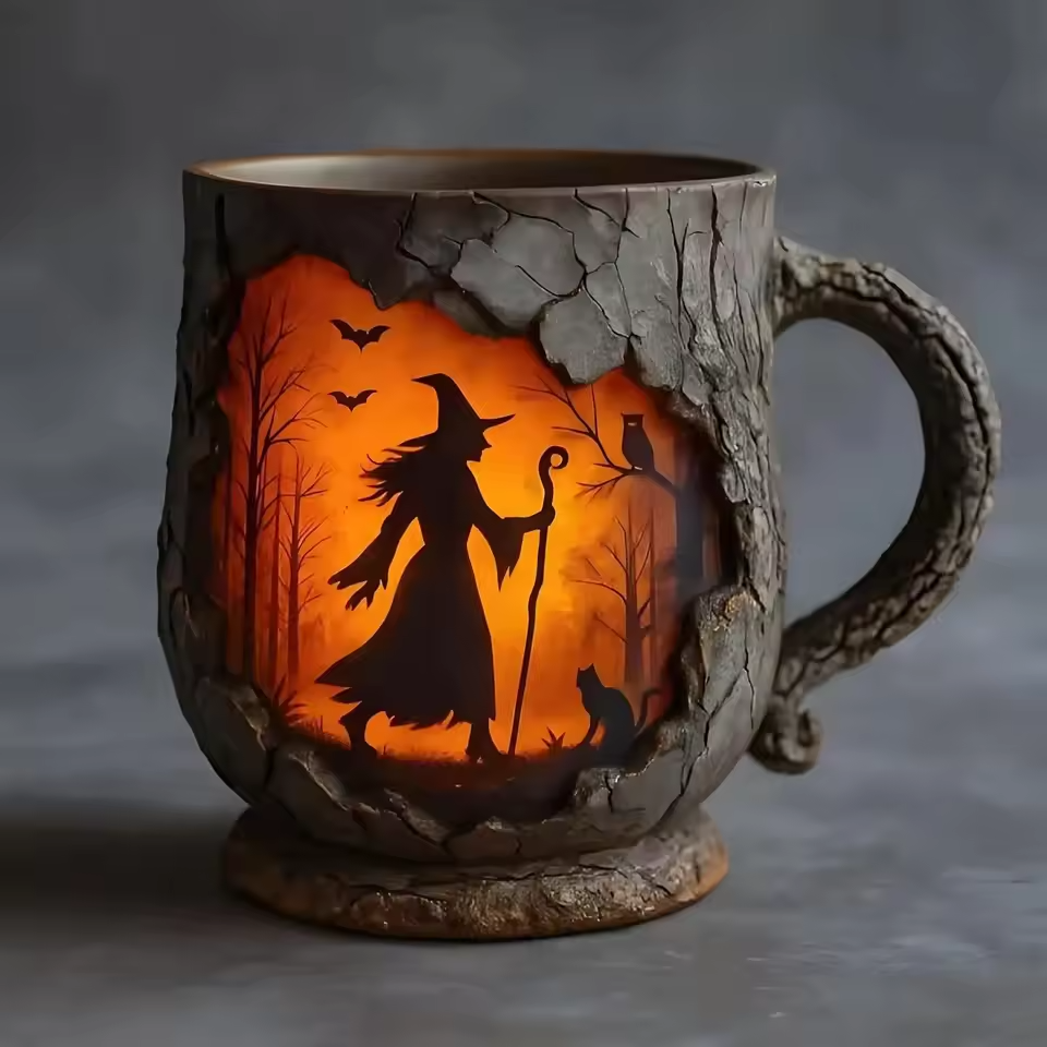 Cana Artisan 3D de Halloween cu Vrăjitoare și Pisică