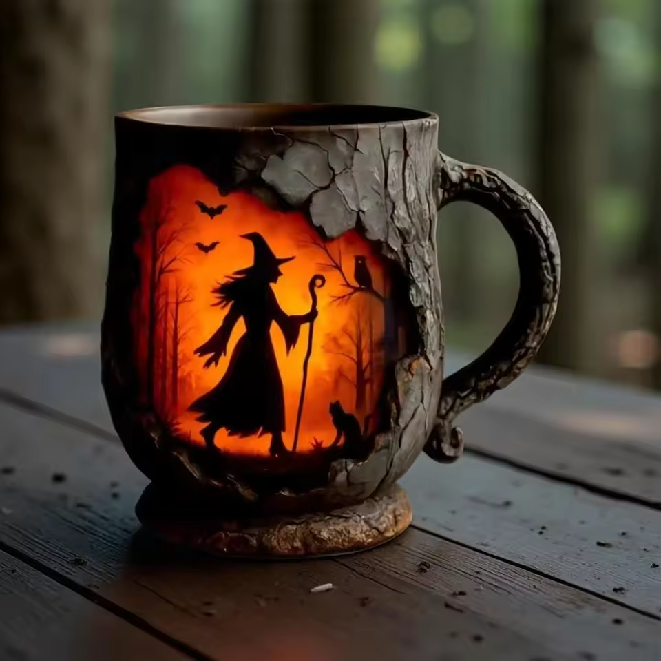Cana de Halloween 3D artizanală cu vrăjitoare și pisică