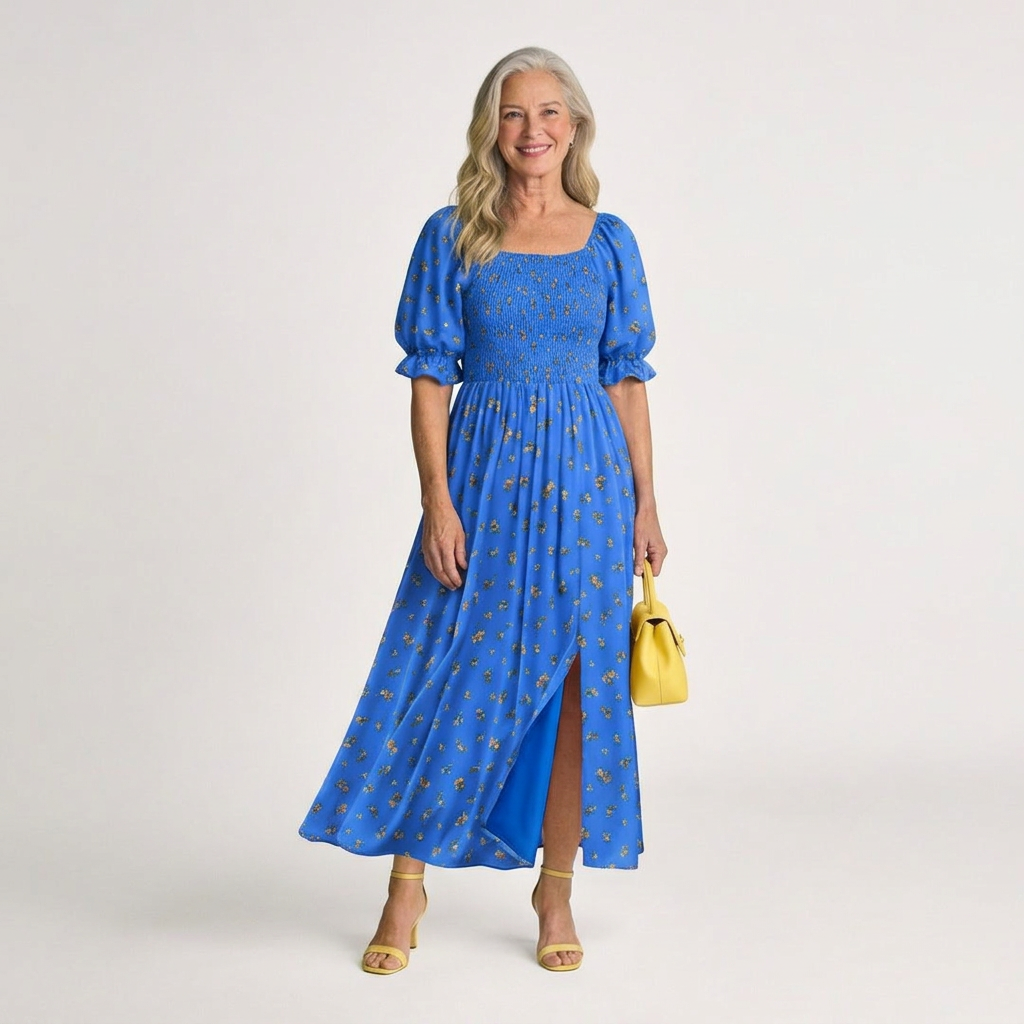 Delphine | Midi Dress with Square Neckline and Floral Puff Sleeves