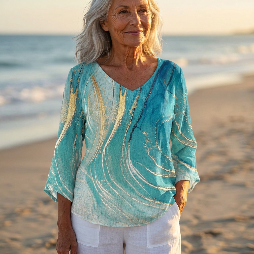 Luna - V-Neck Asymmetric Blouse | Teal Marble