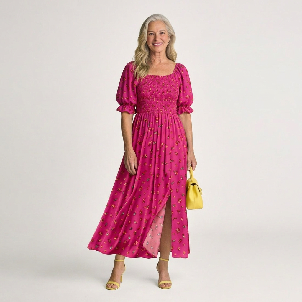 Delphine | Midi Dress with Square Neckline and Floral Puff Sleeves