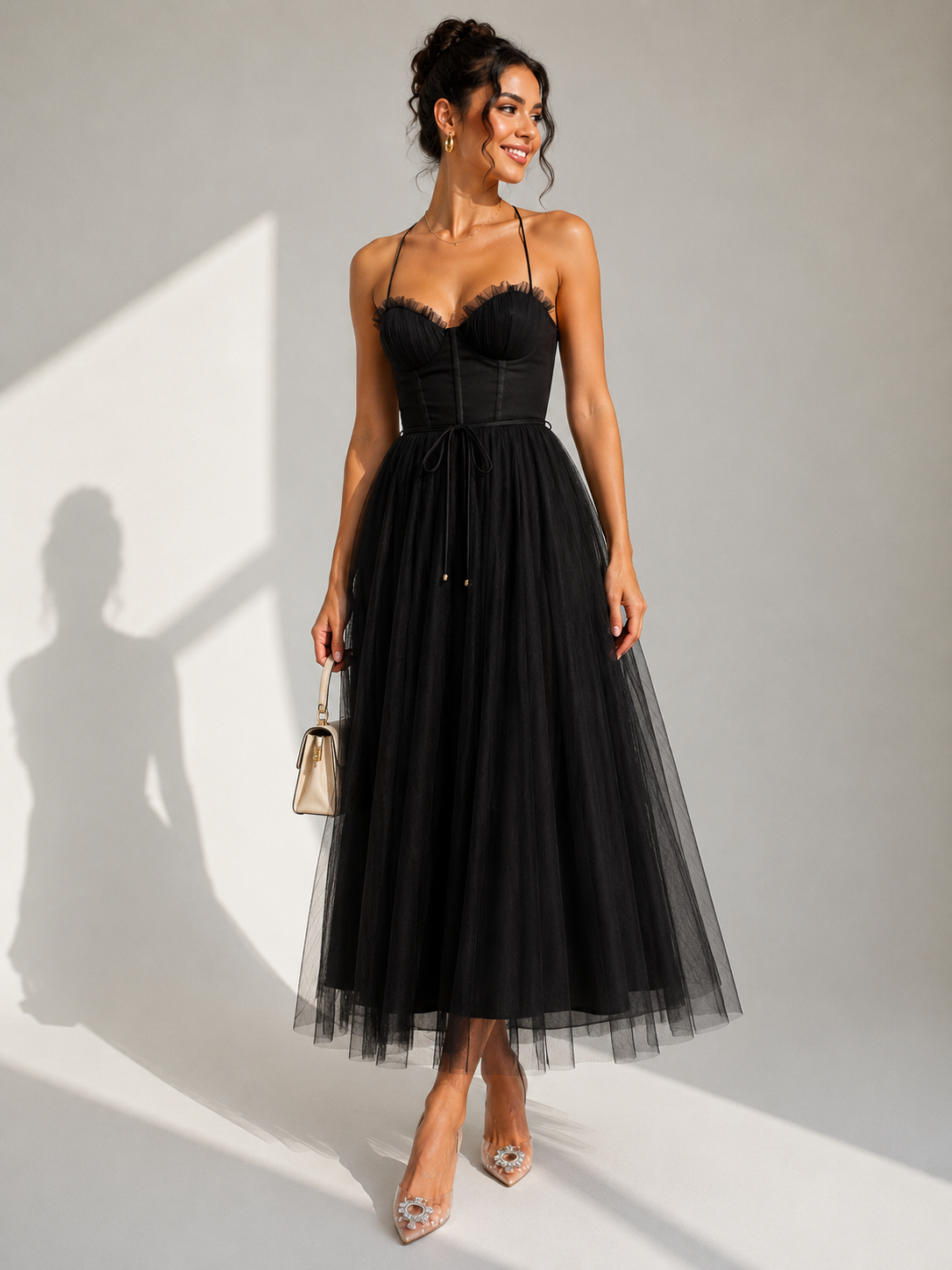 Elowina | Elegant tulle midi dress with open back and corset detail