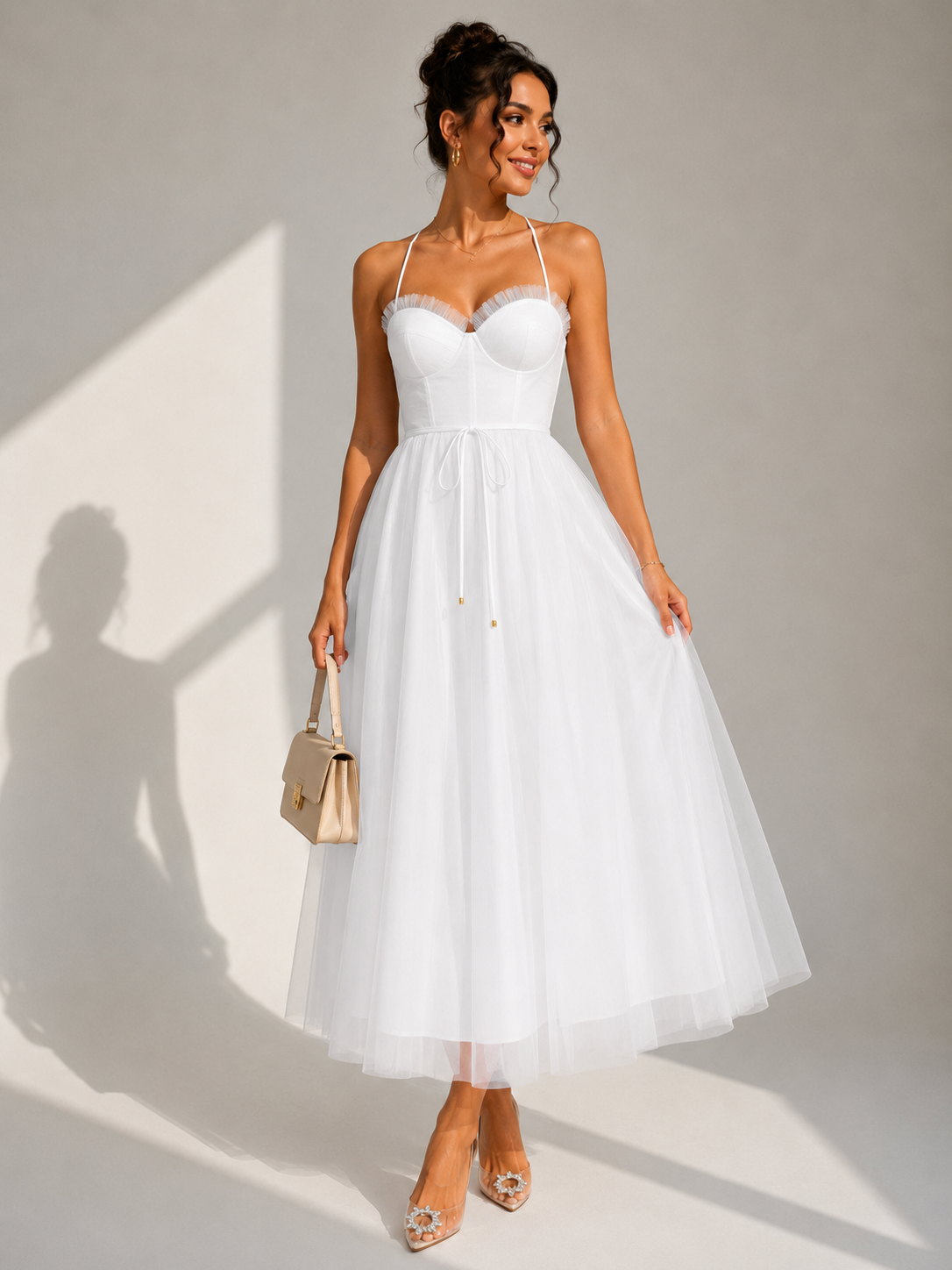 Elowina | Elegant tulle midi dress with open back and corset detail